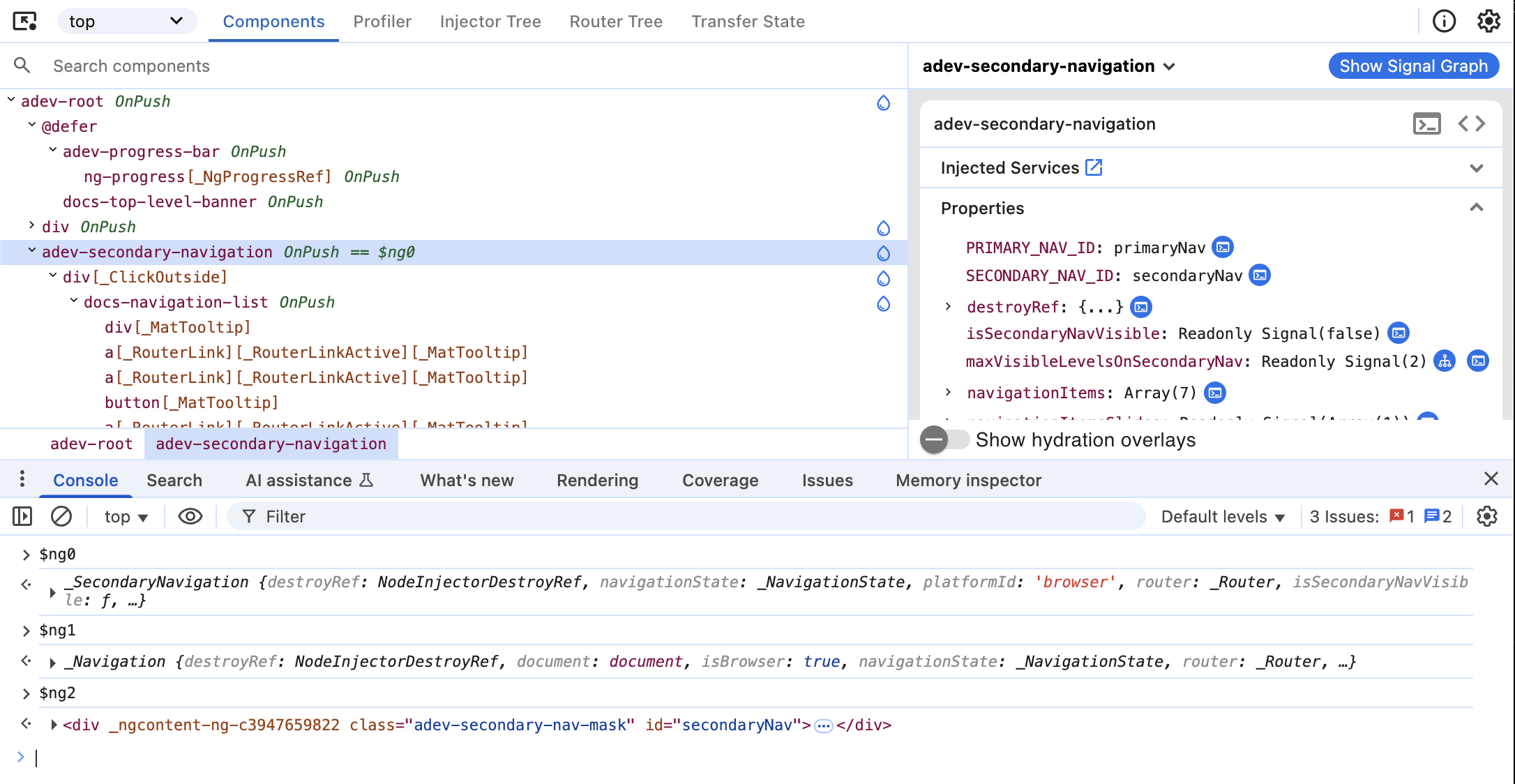A screenshot of the 'Components' tab with the browser console underneath. In the console, the user has typed three commands, `$ng0`, `$ng1`, and `$ng2` to view the three most recently selected elements. After each statement, the console prints a different component reference.