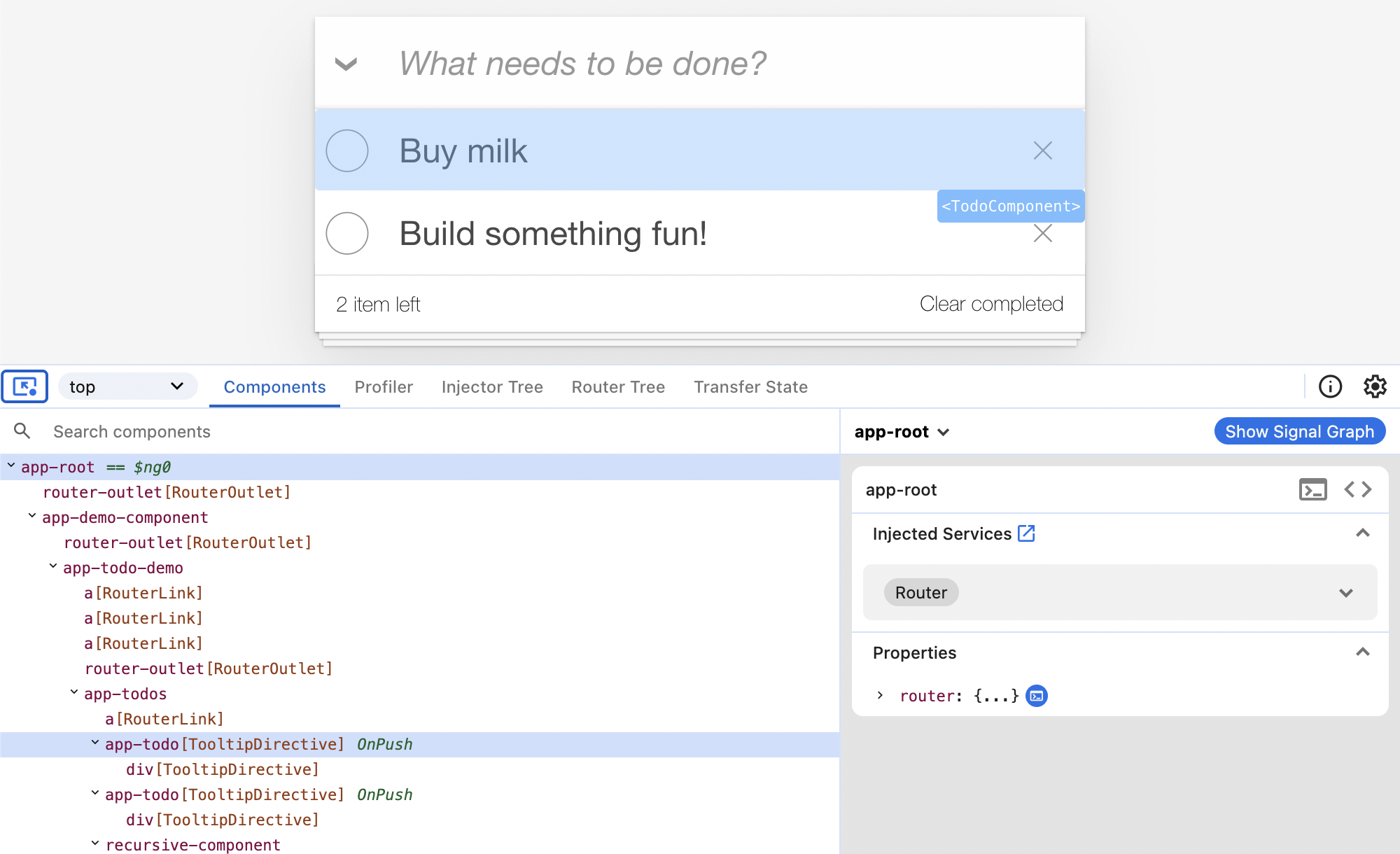 A screenshot of the 'Components' tab with an Angular todo application visible. In the very top-left corner of Angular DevTools, an icon of a screen with a mouse icon inside it is selected. The mouse rests on a todo element in the Angular application UI. The element is highlighted with a `<TodoComponent>` label displayed in an adjacent tooltip.