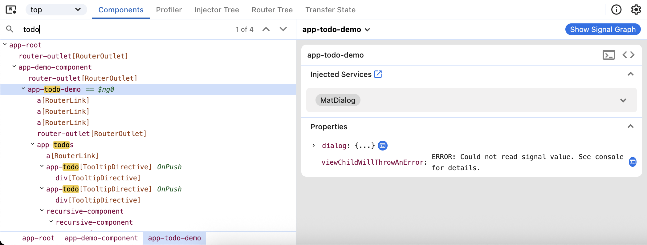 A screenshot of the 'Components' tab. The filter bar immediately underneath the tab is searching for 'todo' and all components with 'todo' in the name are highlighted in the tree. `app-todos` is currently selected and a sidebar to the right displays information about the component's properties. This includes a section of `@Output` fields and another section for other properties.