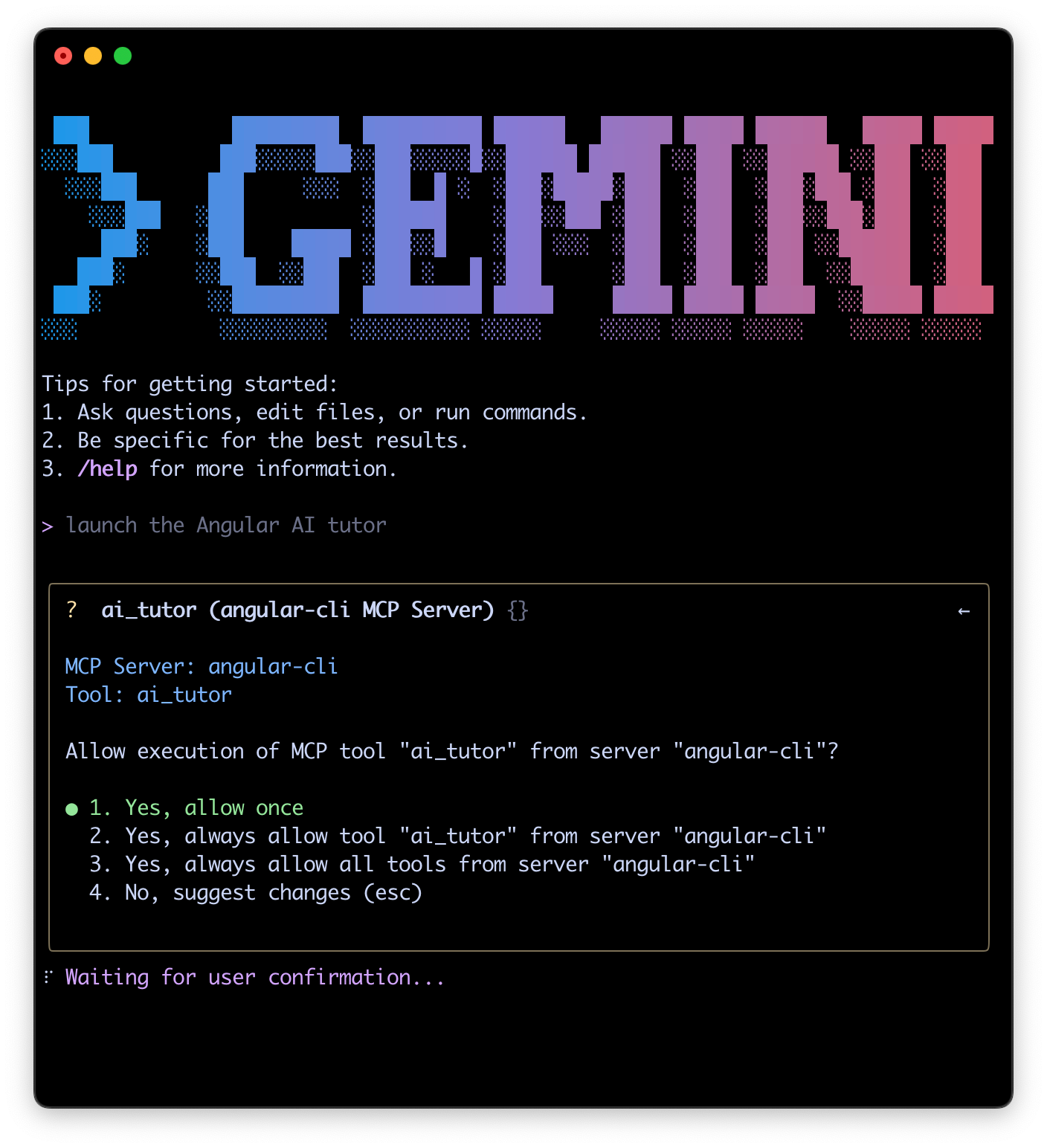 A screenshot demonstrating how to launch the Angular AI Tutor in the Gemini CLI.